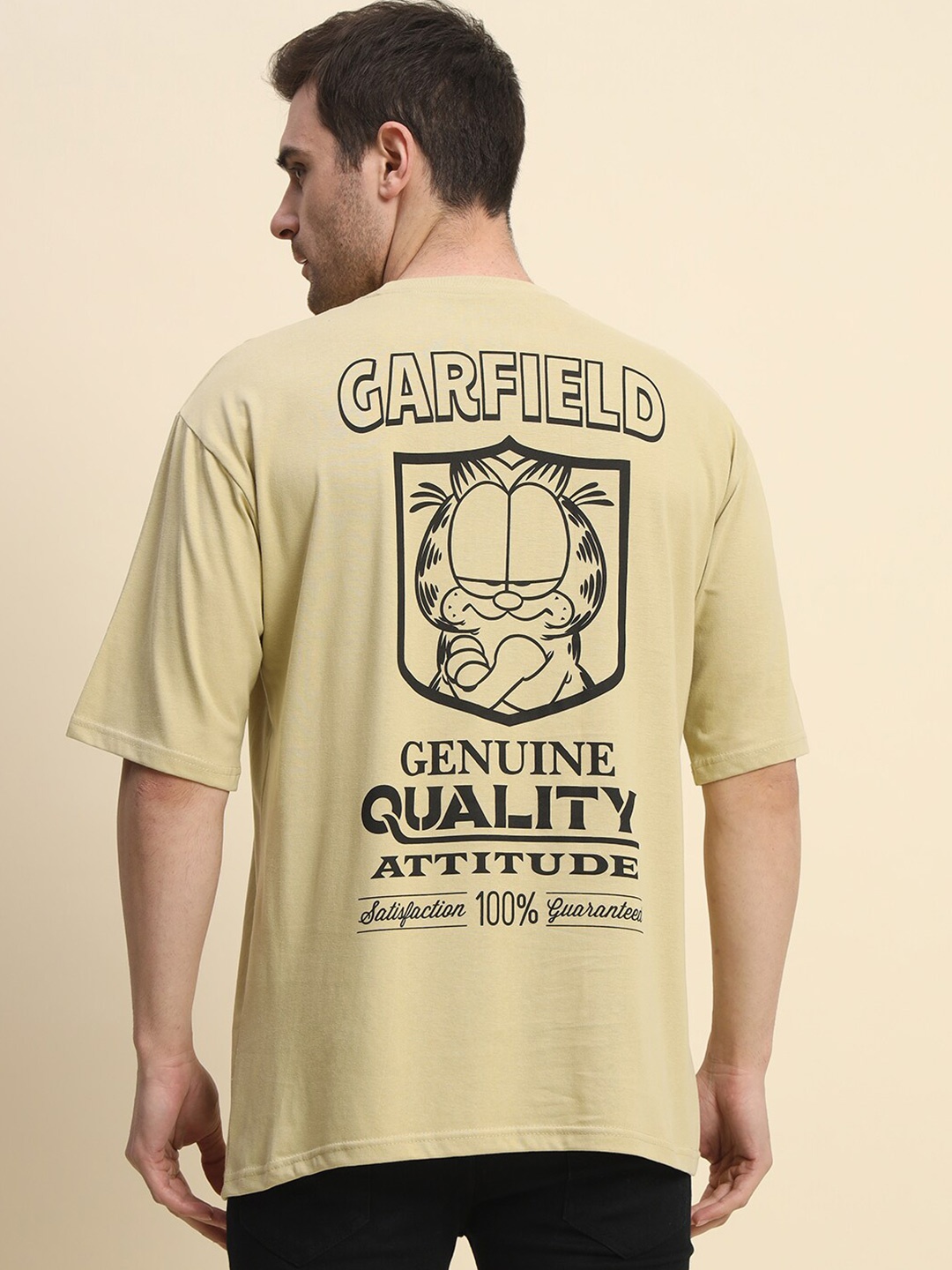 

COLOR CAPITAL Printed Round Neck Drop-Shoulder Sleeves Cotton T-shirt, Khaki