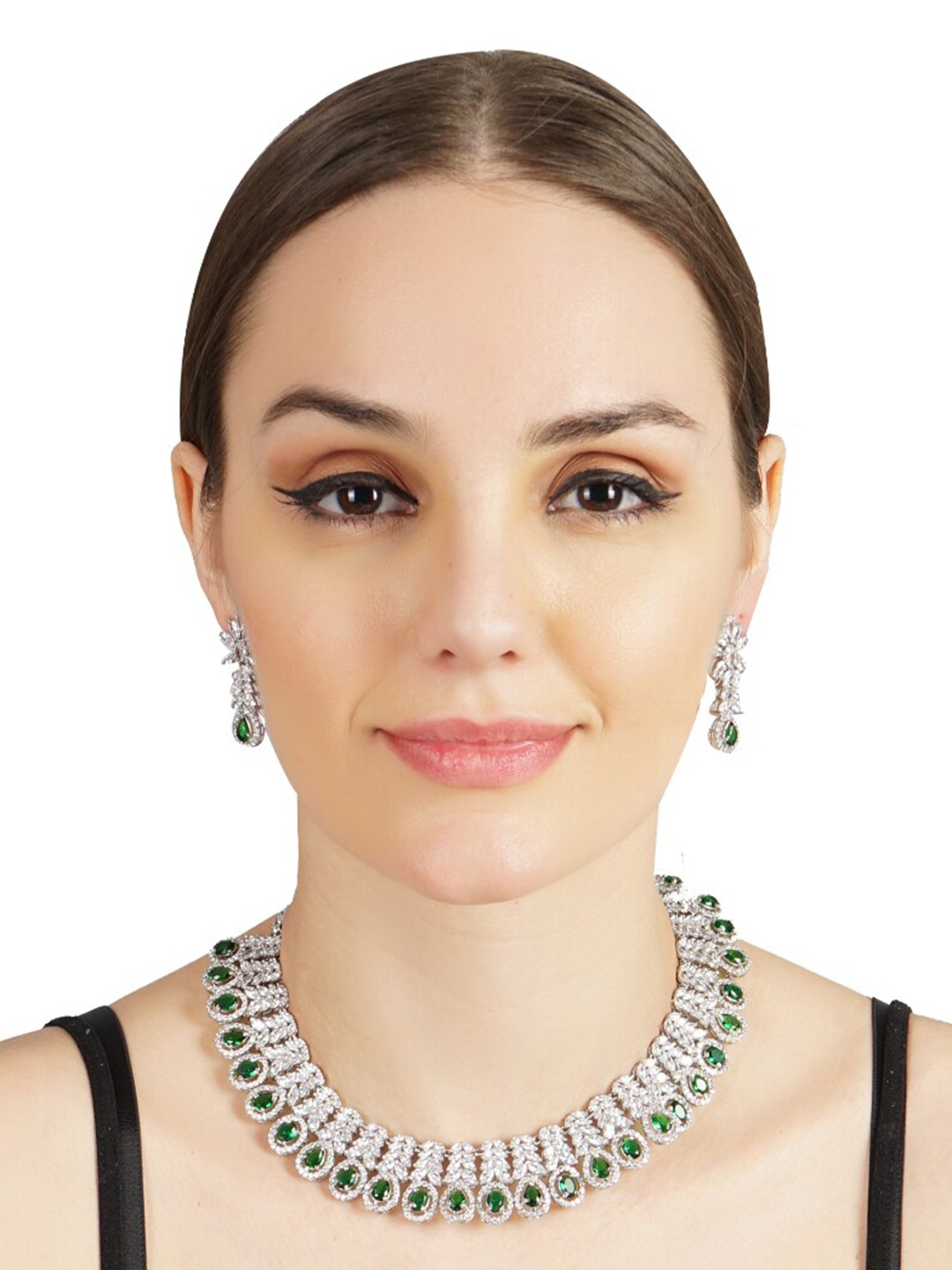 

AURAA TRENDS Rhodium Plated American Diamond Studded Jewellery Set, Green