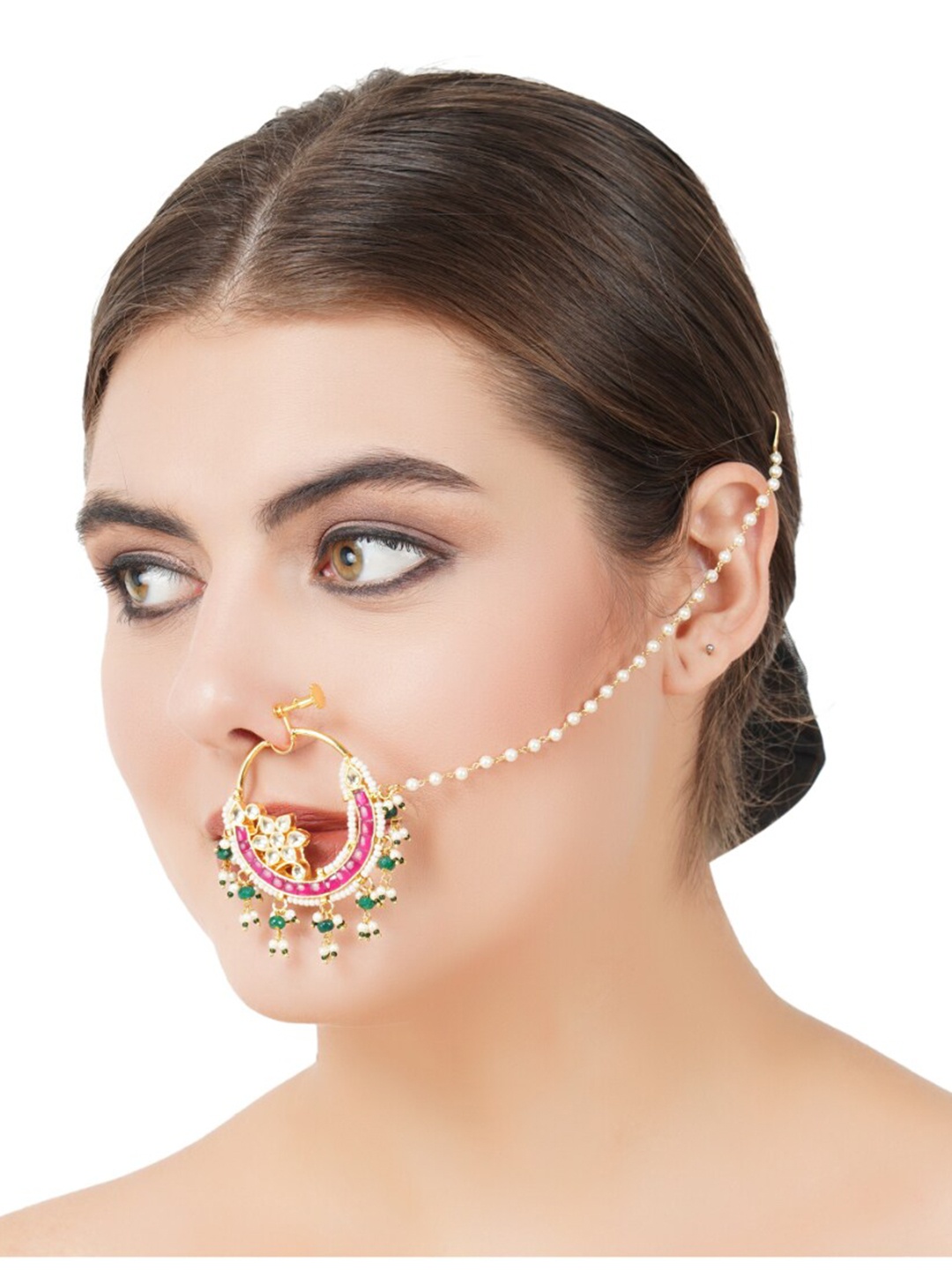 

AURAA TRENDS 22KT Gold-Plated Kundan Stones Studded Nose Ring With Chain Extension