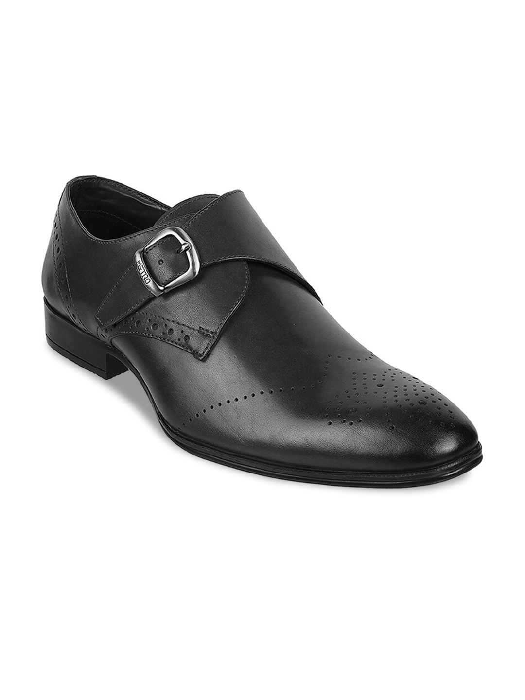 

Metro Men Textured Buckle Detail Leather Formal Monk Shoes, Black