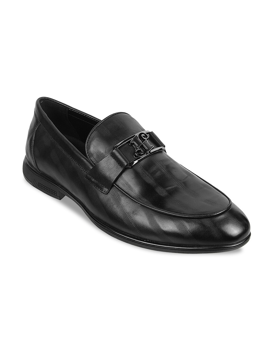 

J.FONTINI Men Textured Buckle Detailed Leather Formal Loafers, Black