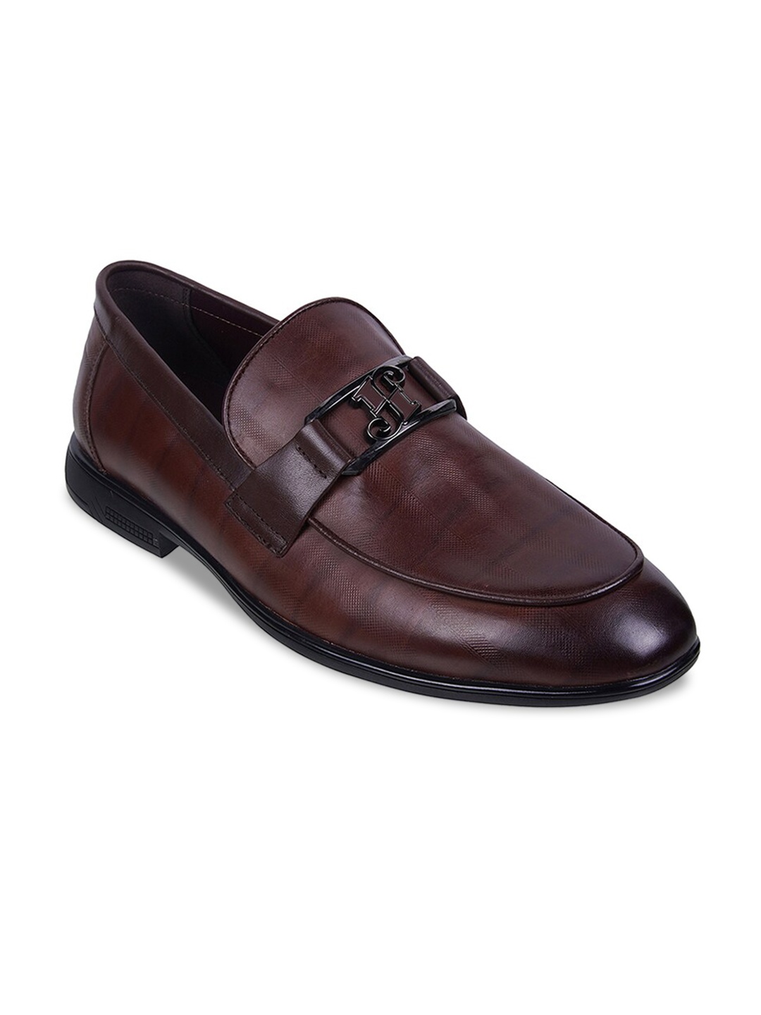 

J.FONTINI Men Textured Buckle Detailed Leather Formal Loafers, Brown