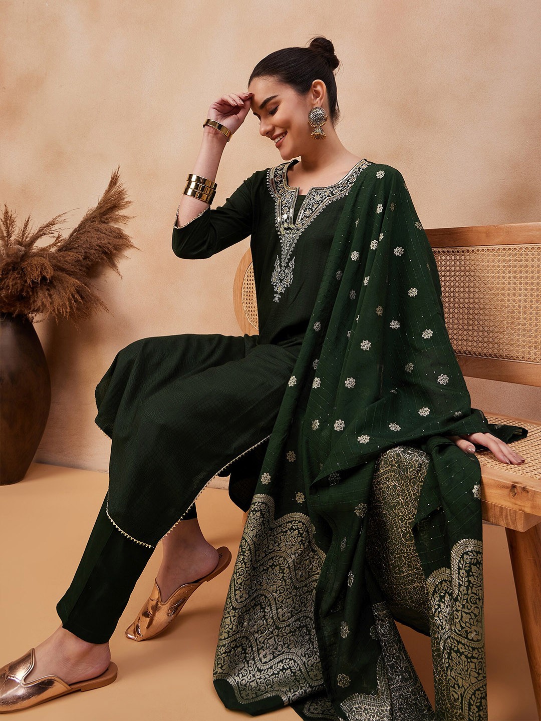 

Anouk Ethnic Motifs Yoke Design Sequinned Notch Neck Kurta With Trousers & Dupatta, Green