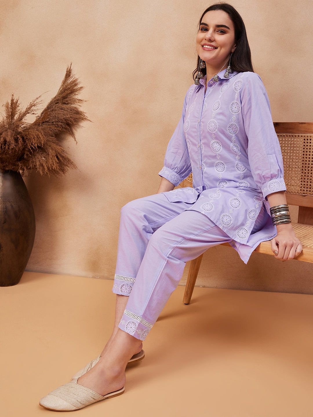 

Anouk Embroidered Shirt Collar Pure Cotton Top With Trouser, Purple