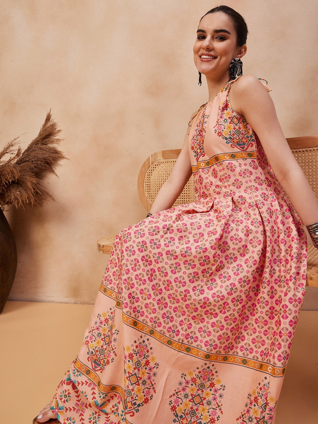 

Anouk Peach-Coloured Ethnic Motifs Printed Pleated Detailed Maxi Ethnic Dress