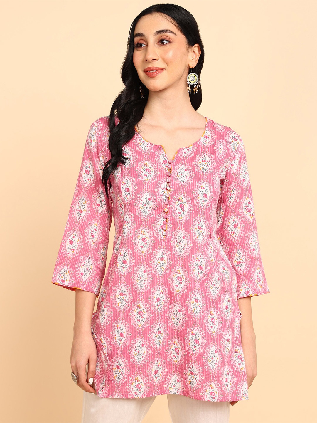 

House Of Zelena Ethnic Motifs Print Cotton Notched-Neck Maternity Longline Top, Pink