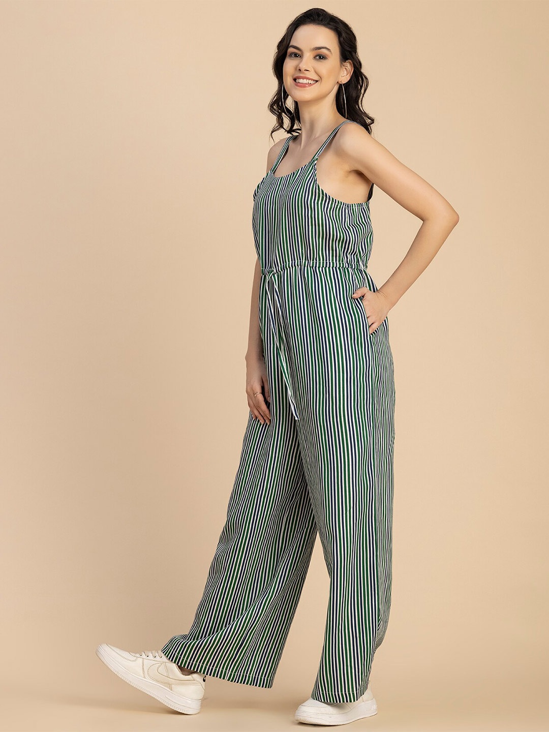 

Moomaya Striped Shoulder Straps Sleeveless Basic Jumpsuit, Green