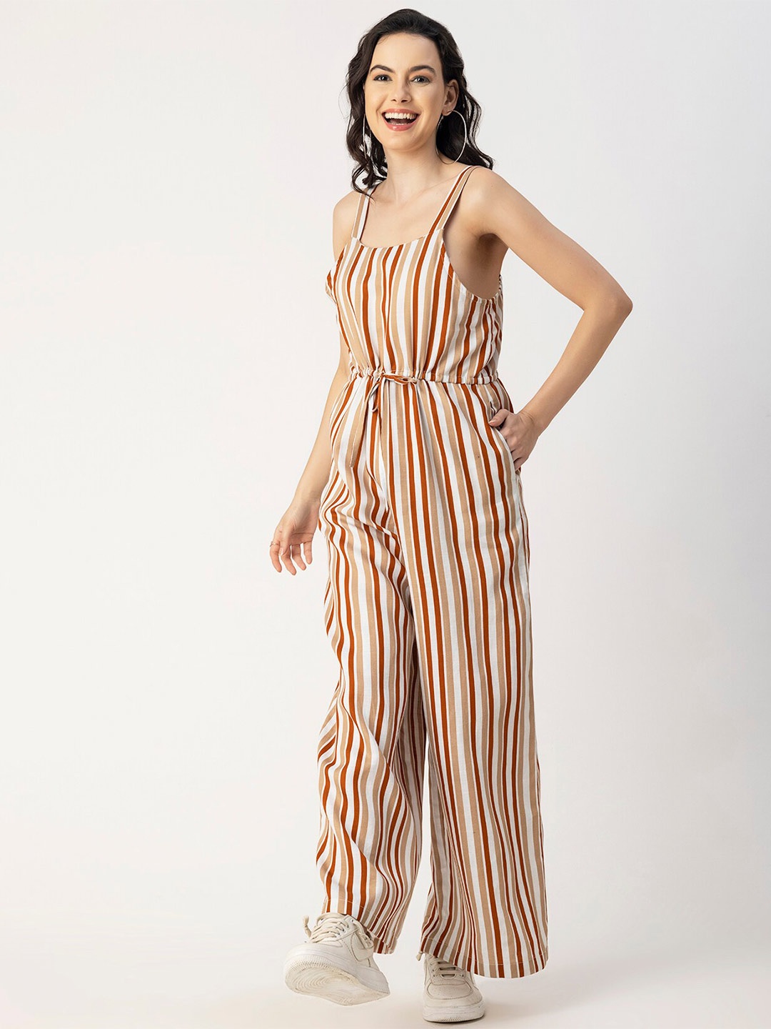 

Moomaya Striped Square Neck Basic Jumpsuit, Rust