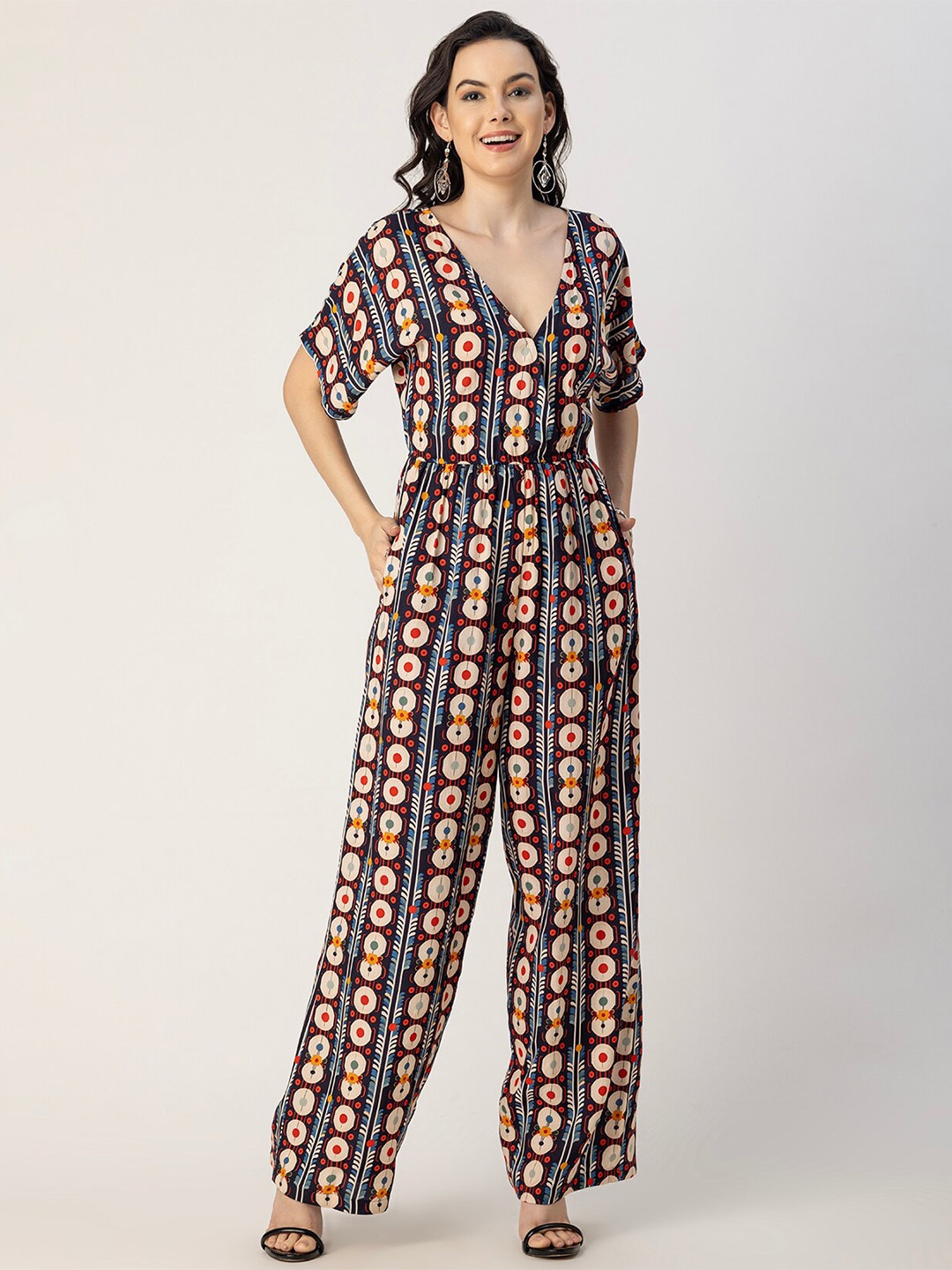 

Moomaya V-Neck Printed Basic Jumpsuit, Blue