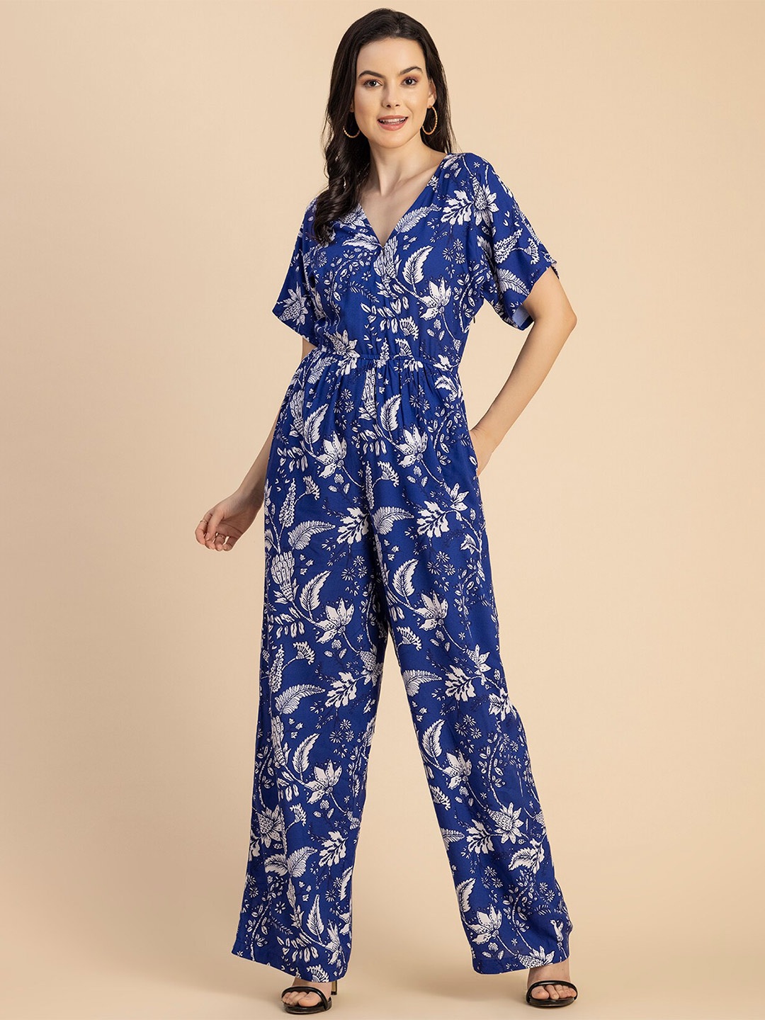 

Moomaya Floral Printed V-Neck Basic Jumpsuit, Blue