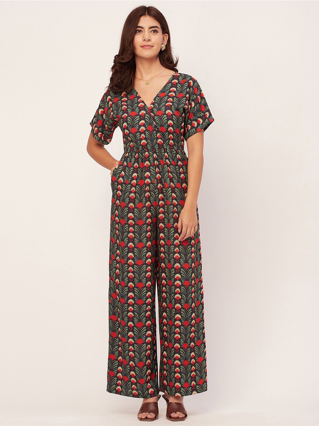 

Moomaya Floral Printed V-Neck Basic Jumpsuit, Blue