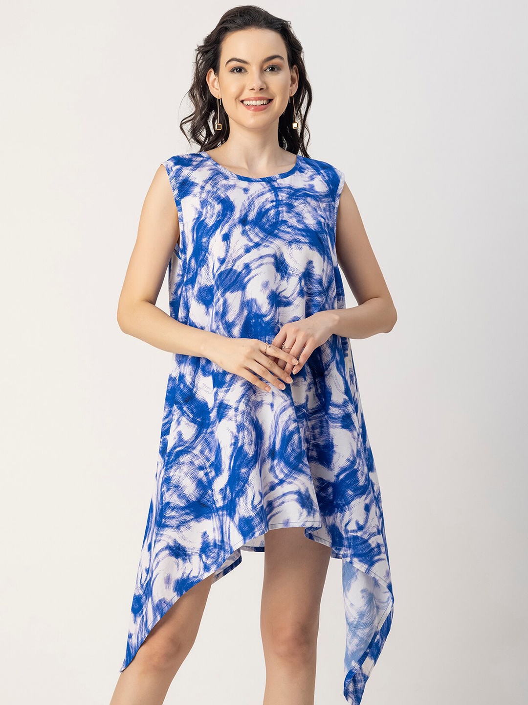 

Moomaya Sleeveless Tie and Dye Printed High-Low Longline Opaque Casual Top, Navy blue