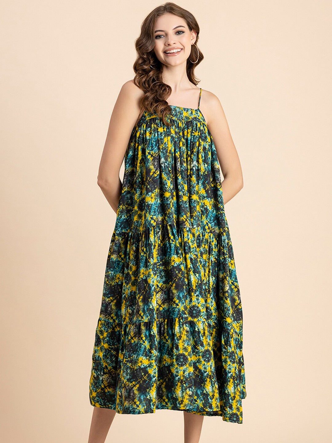 

Moomaya Floral Print Shoulder Straps A-Line Midi Dress, Yellow