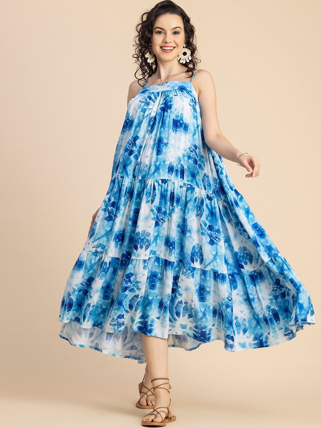 

Moomaya Tie & Dye Printed Square Neck Sleeveless Tiered A-Line Midi Dress, Blue