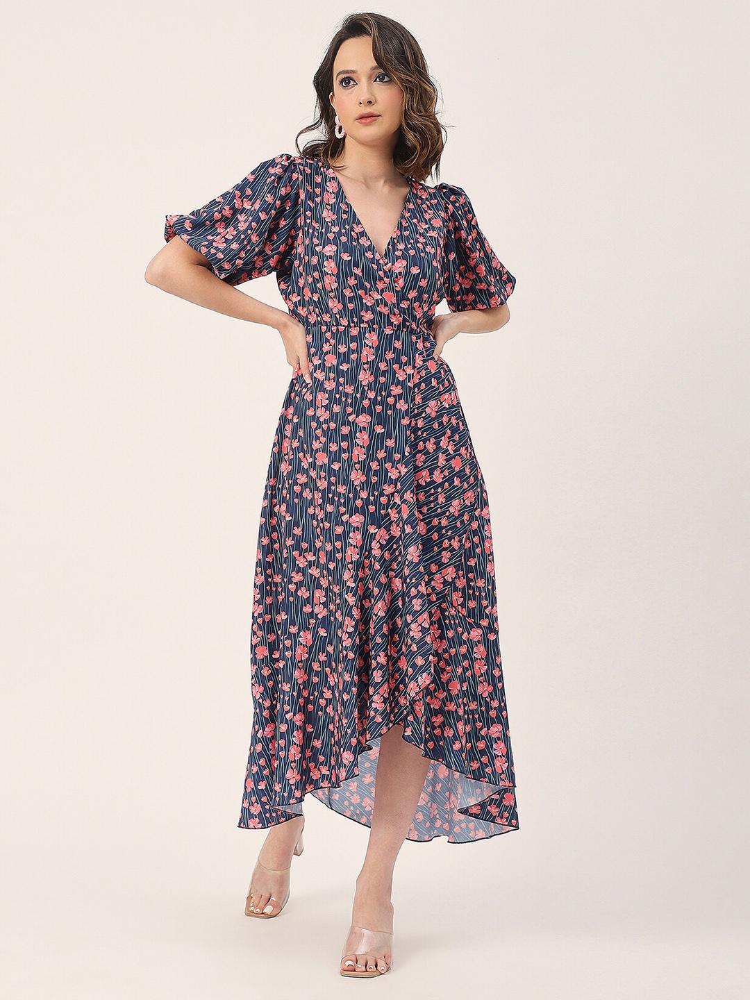 

Moomaya V-neck Floral Print Short Puff Sleeve Midi Dress, Navy blue