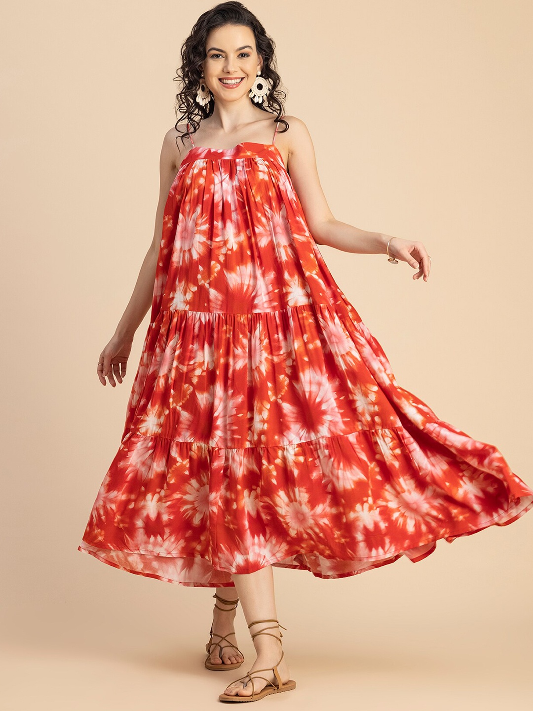 

Moomaya Tie & Dye Printed Square Neck Sleeveless Tiered A-Line Midi Dress, Red