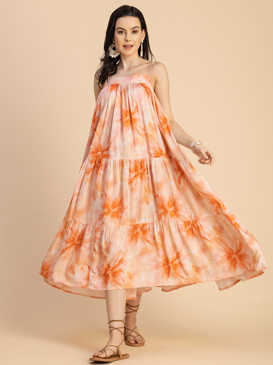 

Moomaya Tie & Dyed Printed A-Line Midi Dress, Peach