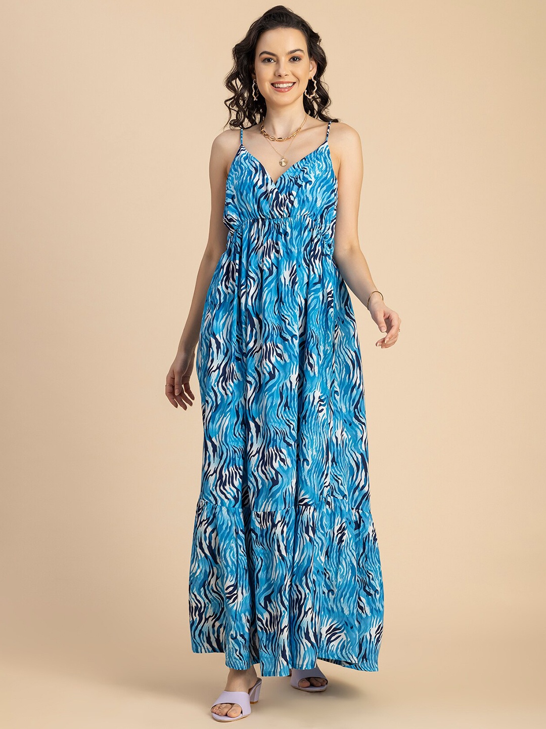 

Moomaya Abstract Printed V-Neck Sleeveless Tiered Maxi Dress, Blue