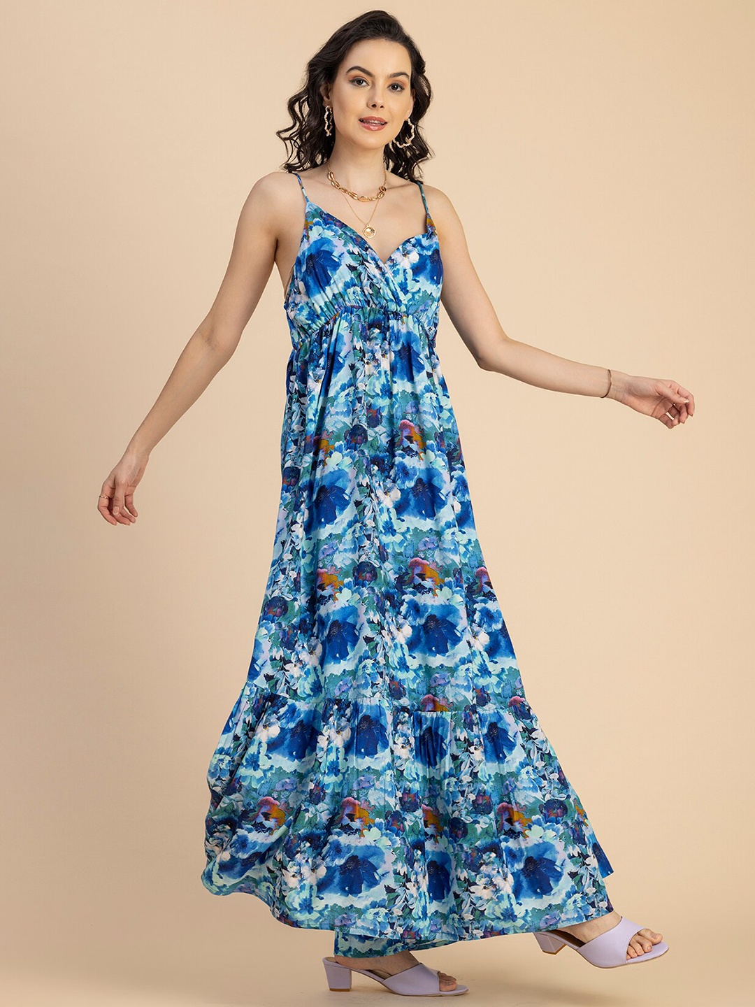 

Moomaya Floral Printed V-Neck Sleeveless Tiered Maxi Dress, Blue