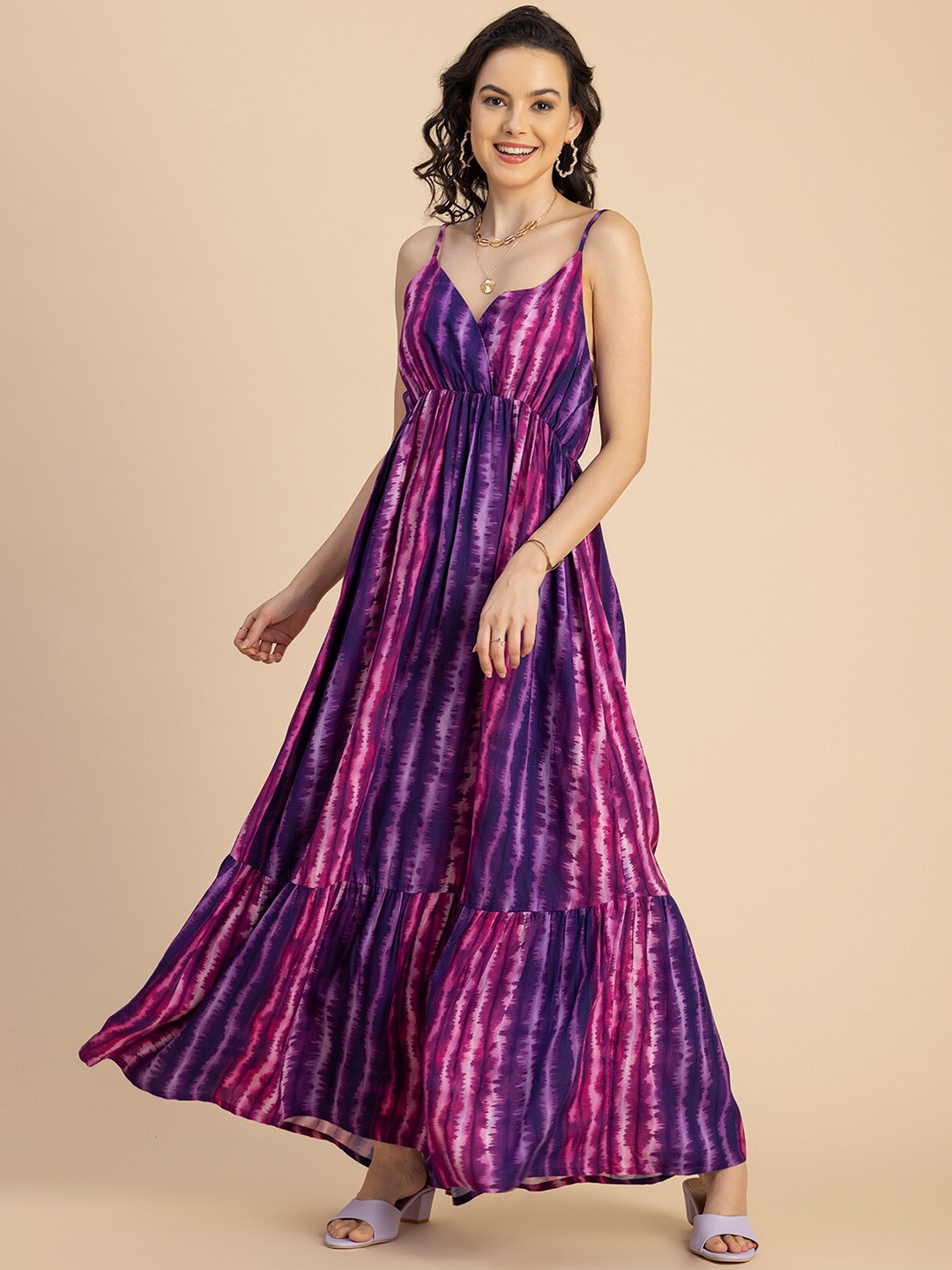 

Moomaya Tie & Dye Printed V-Neck Sleeveless Tiered Maxi Dress, Purple