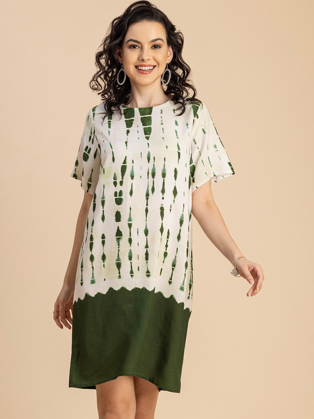 

Moomaya Print Short Sleeves Round neck A-Line Dress, Green