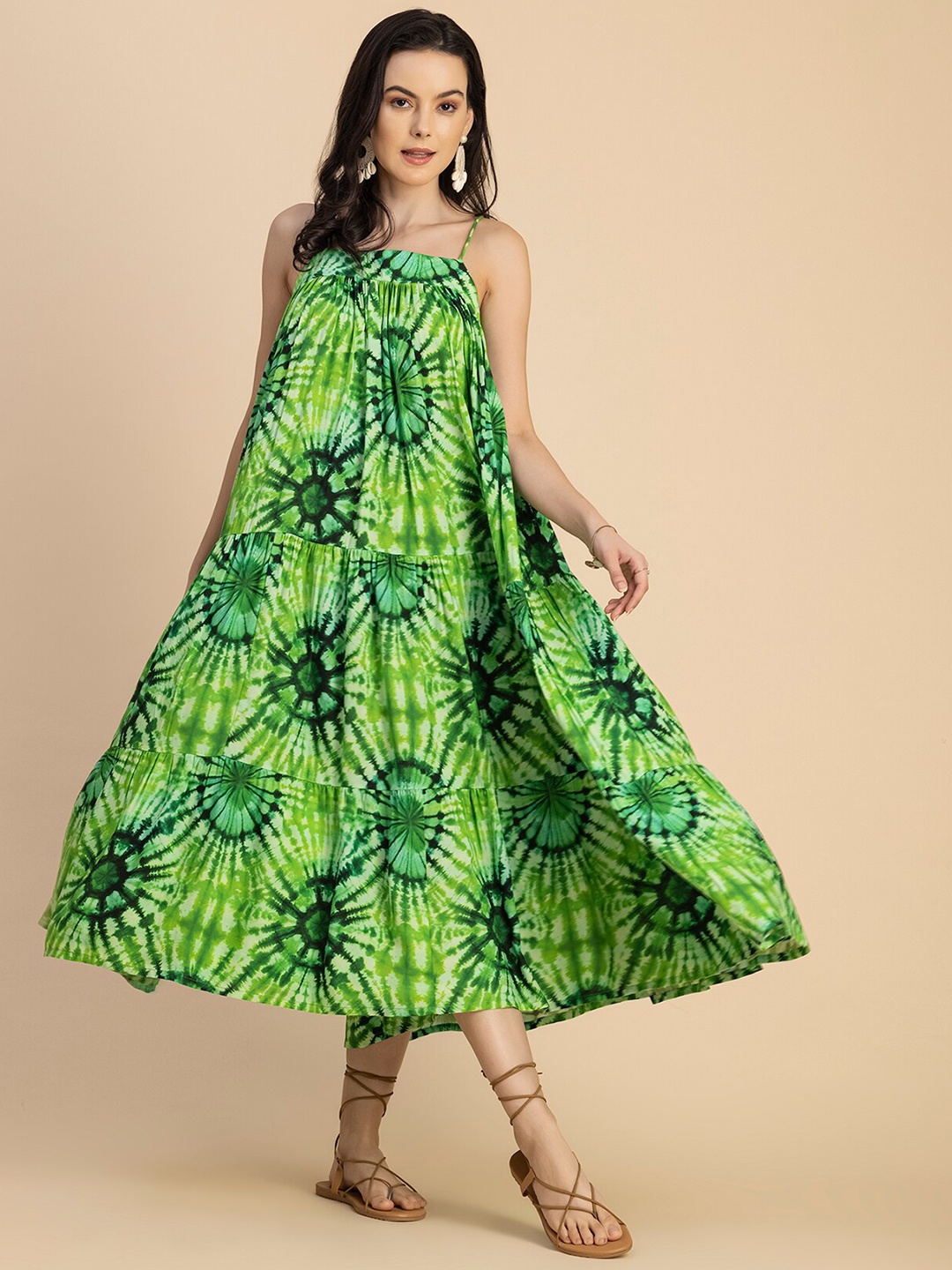 

Moomaya Tie & Dye Printed Square Neck Sleeveless Tiered A-Line Midi Dress, Green