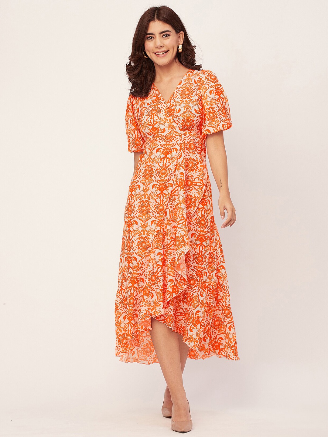 

Moomaya V Neck Floral Print Puff Sleeve Fit & Flare Midi Dress, Orange