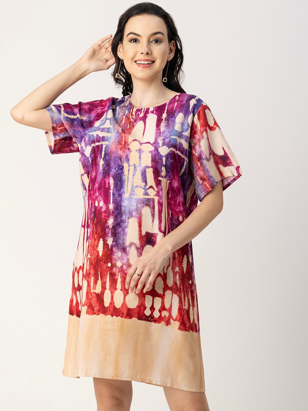 

Moomaya Print Flared Sleeve Short Sleeves A-Line Dress, Red
