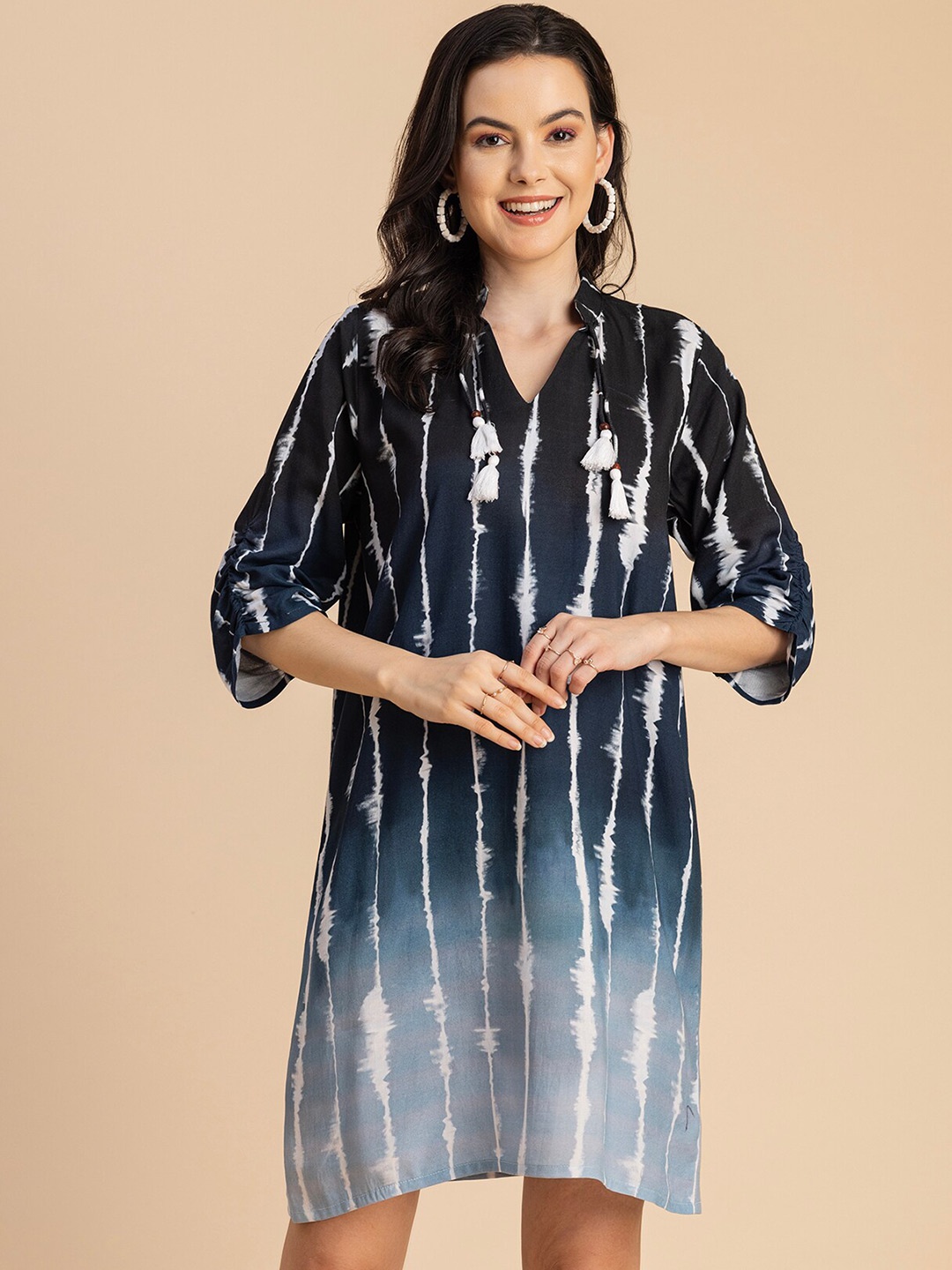 

Moomaya Tie & Dye Printed Band Collar Loose Fit T-shirt Dress, Blue