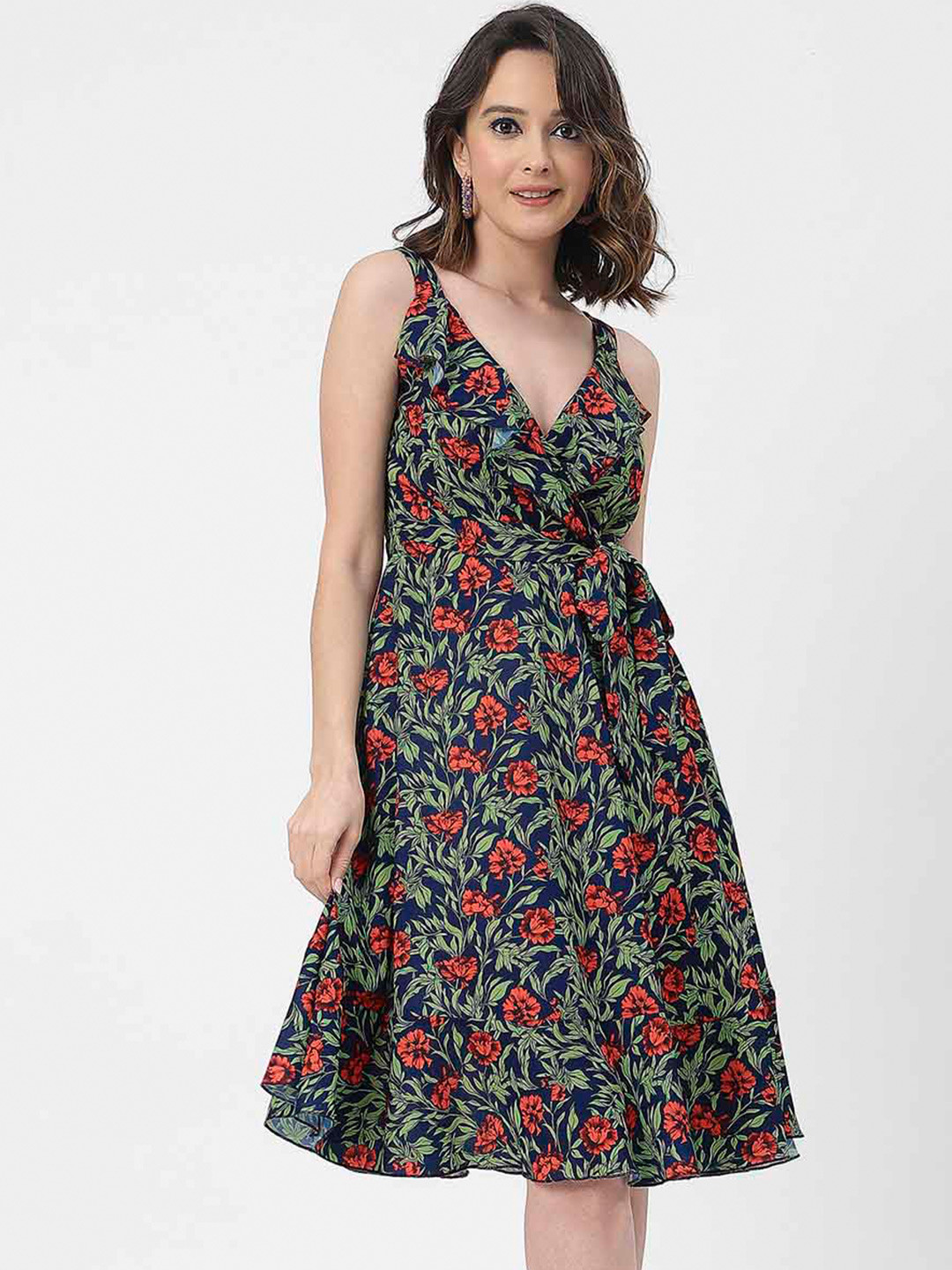 

Moomaya V Neck Sleeveless Floral Print Fit & Flare Dress, Navy blue
