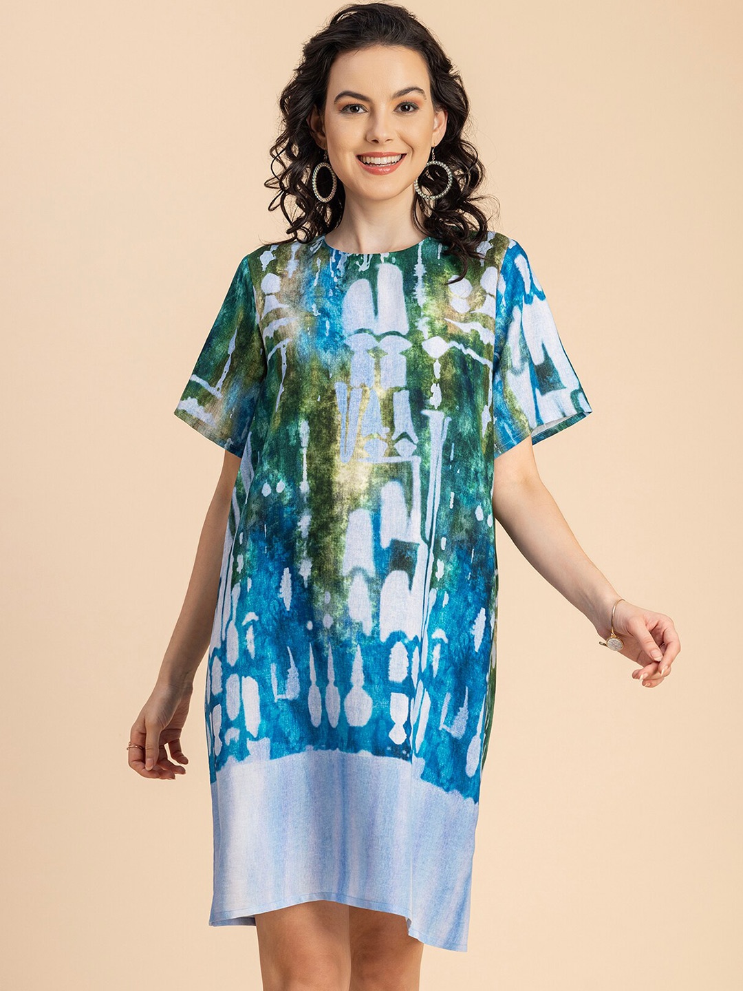 

Moomaya Tie and Dye Dyed Short Sleeves Round neck Straight A-Line Dress, Blue