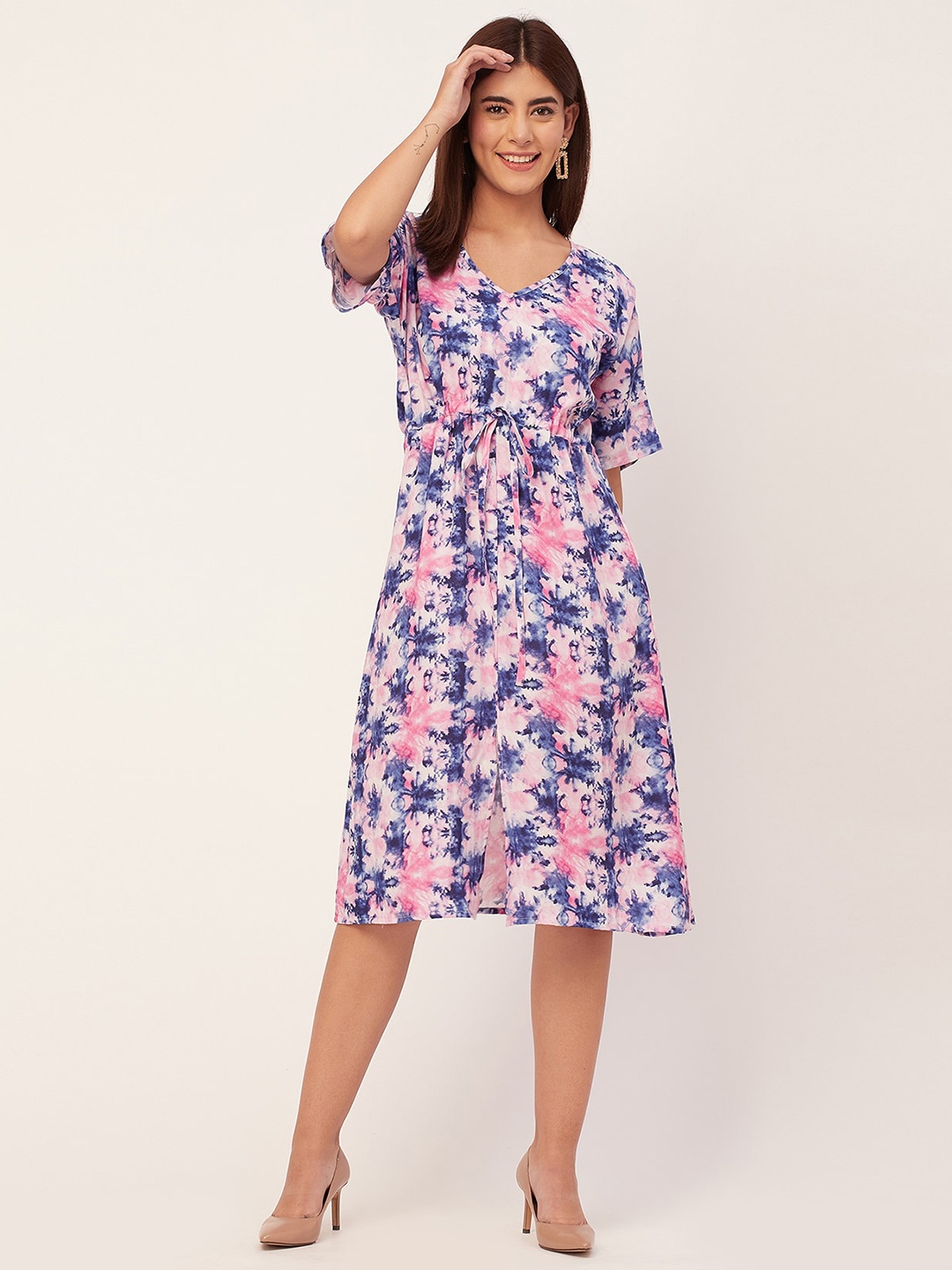 

Moomaya Floral Print Flared Sleeve V Neck Fit & Flare Dress, Pink