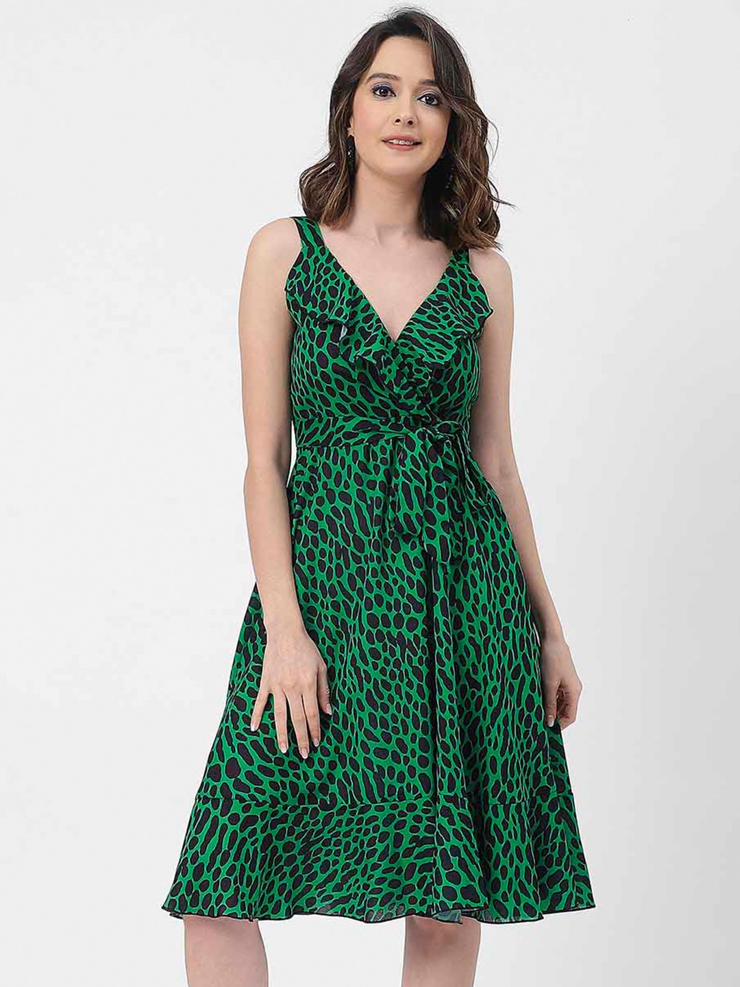 

Moomaya Animal Printed V Neck Fit & Flare Dress, Green
