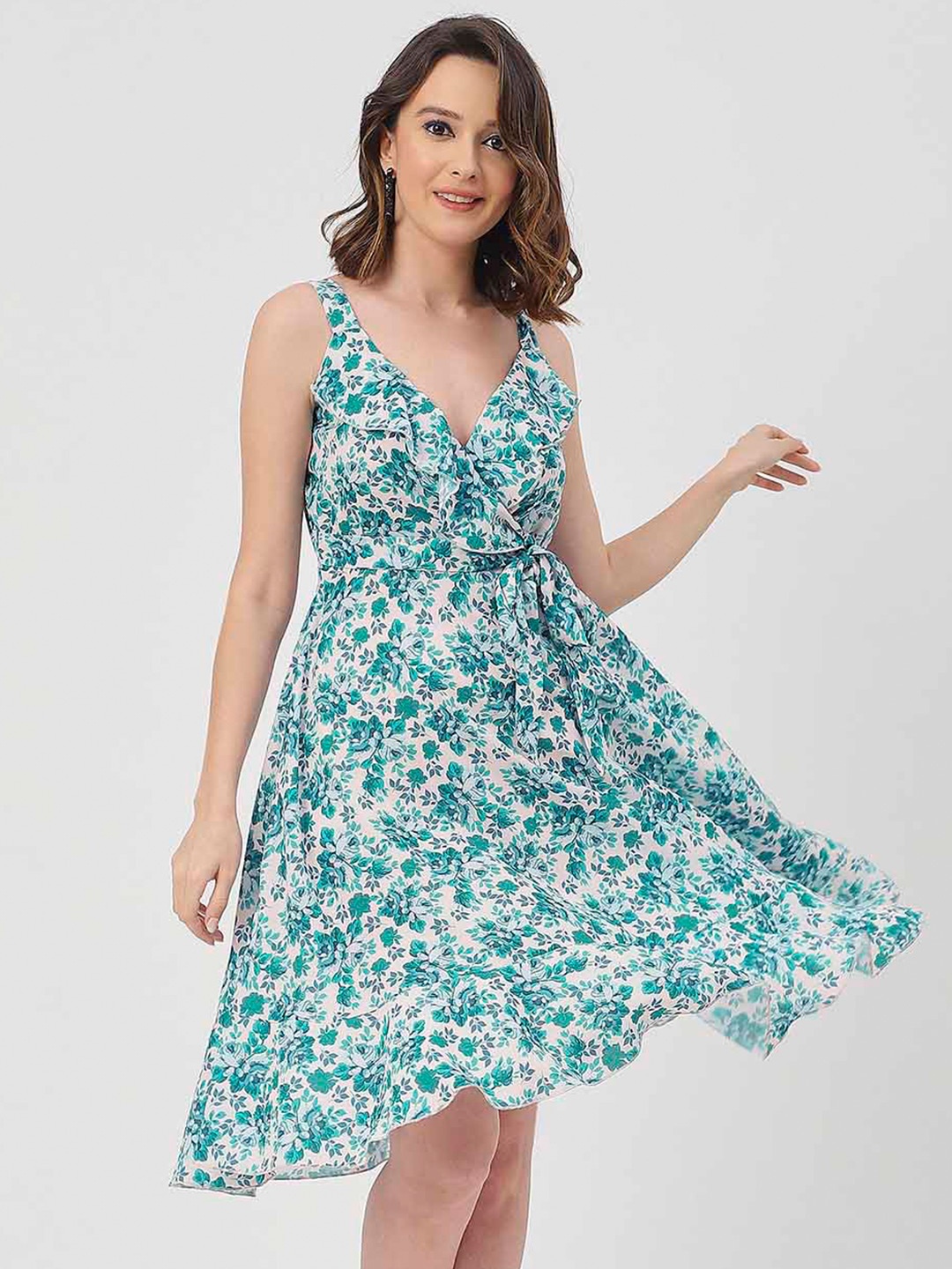 

Moomaya Floral Print Shoulder Straps Ruffles Fit & Flare Dress, Teal