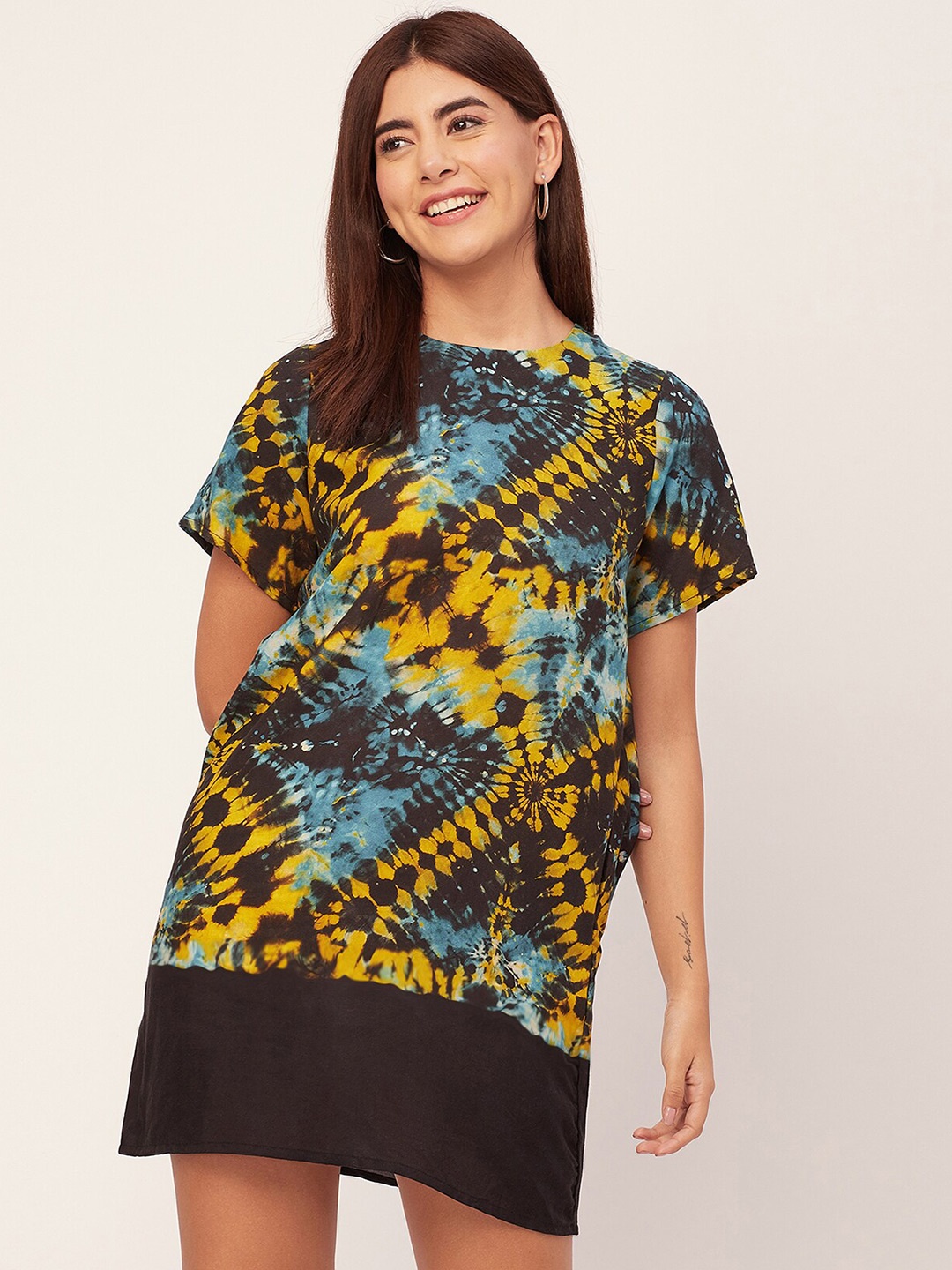 

Moomaya Tie and Dye Printed Round Neck A-Line Dress, Yellow