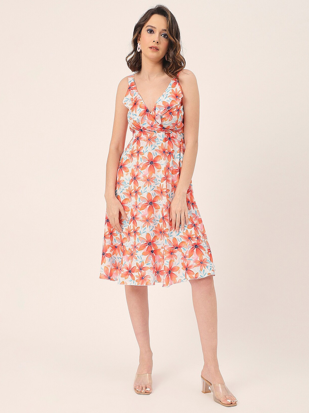 

Moomaya Floral Printed V-Neck Fit & Flare Midi Dress, Orange