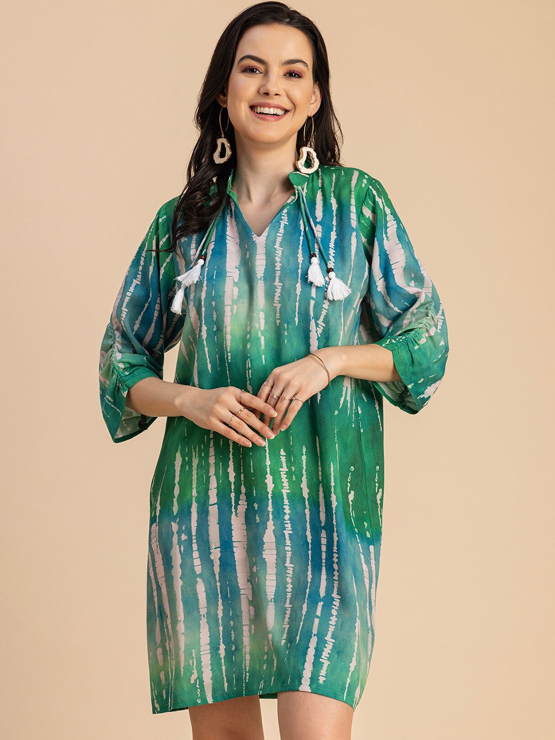 

Moomaya Printed Three Quarter Sleeves Tie-Up Neck A-Line Dress, Green