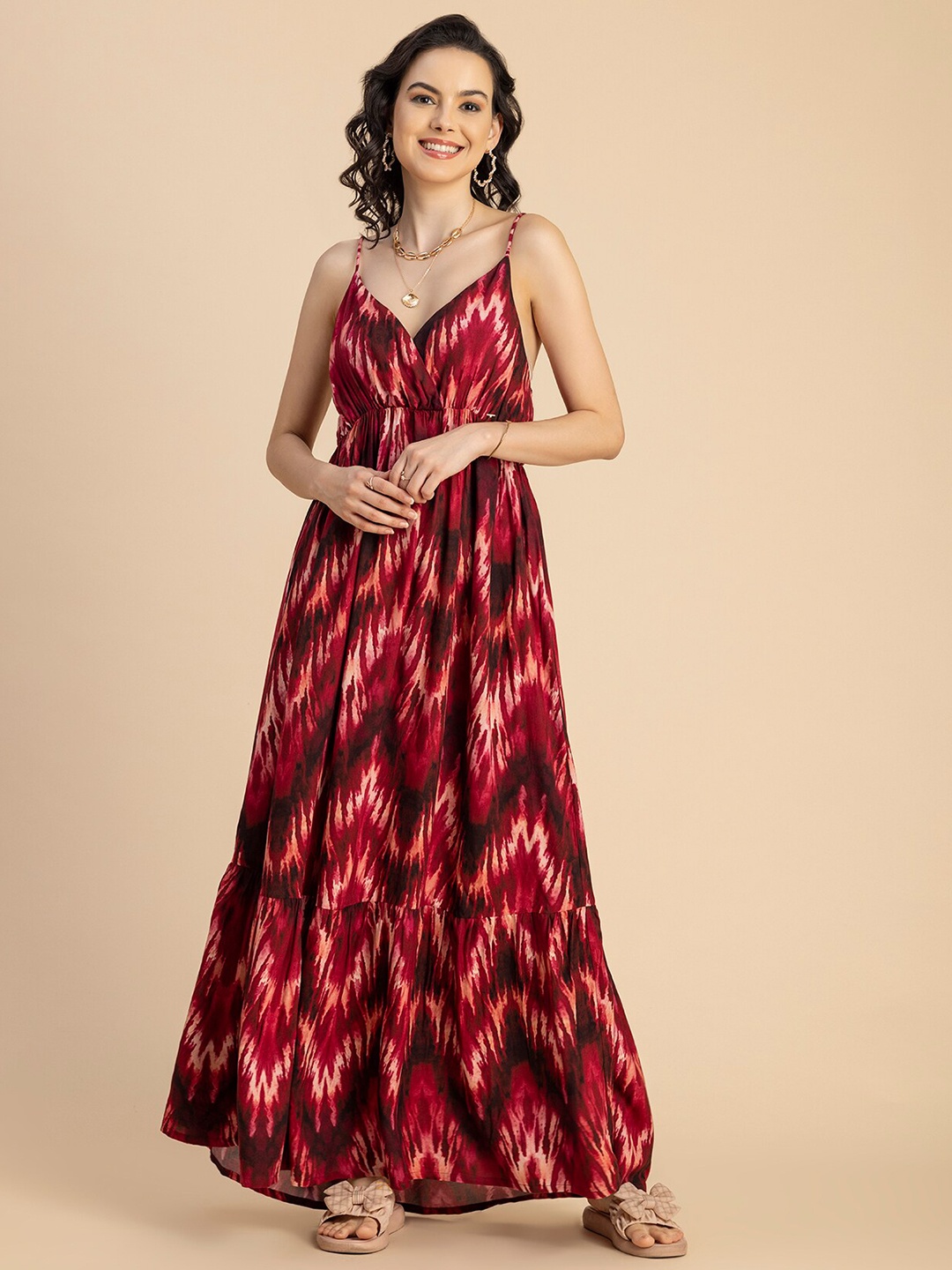 

Moomaya Tie & Dye Printed V-Neck Sleeveless Tiered Maxi Dress, Burgundy