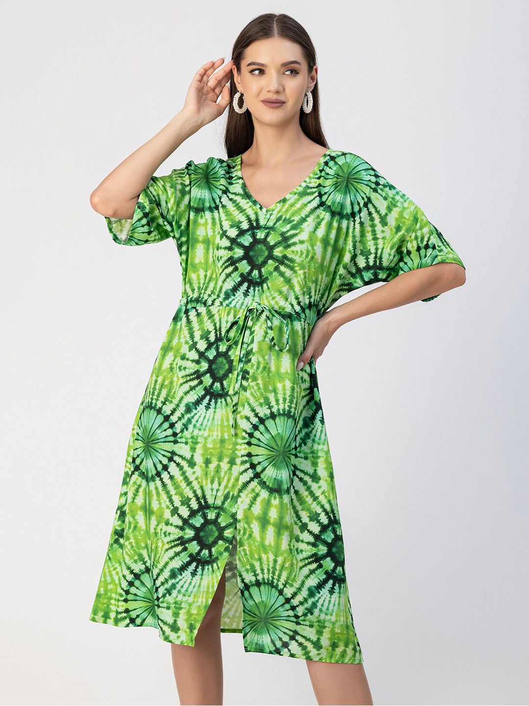 

Moomaya V-Neck Short Sleeves Tropical Print Fit & Flare Midi Dress, Green