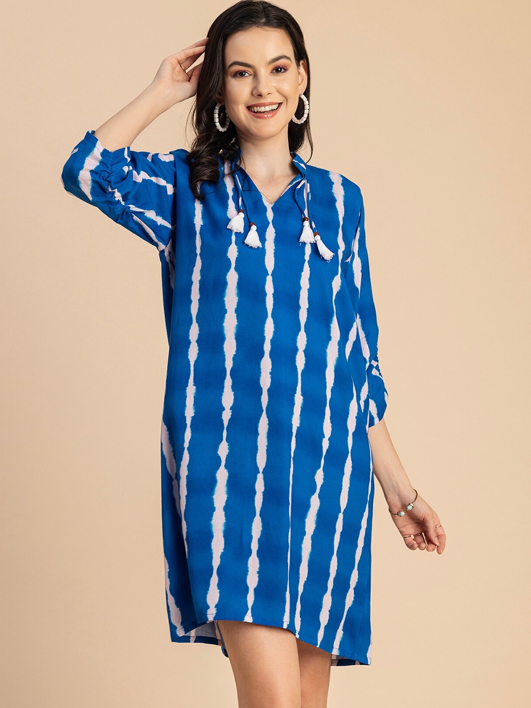 

Moomaya Striped Tie-Up Neck A-Line Dress, Blue