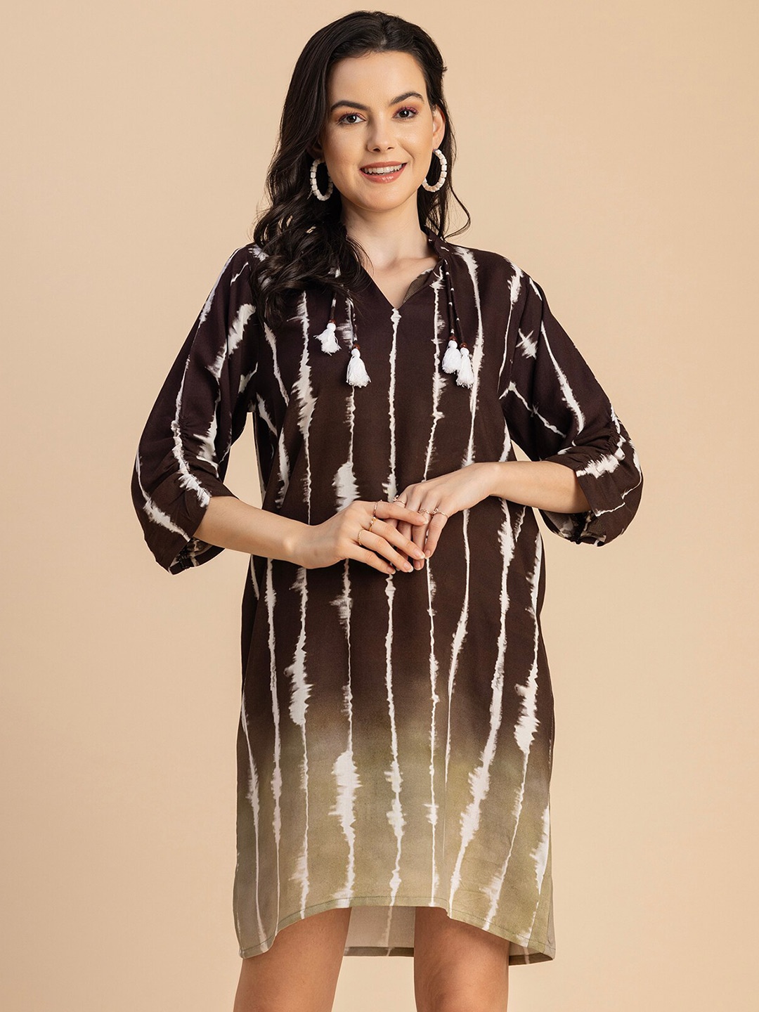 

Moomaya Tie and Dye Printed Band Collar Loose Fit T-shirt Dress, Olive