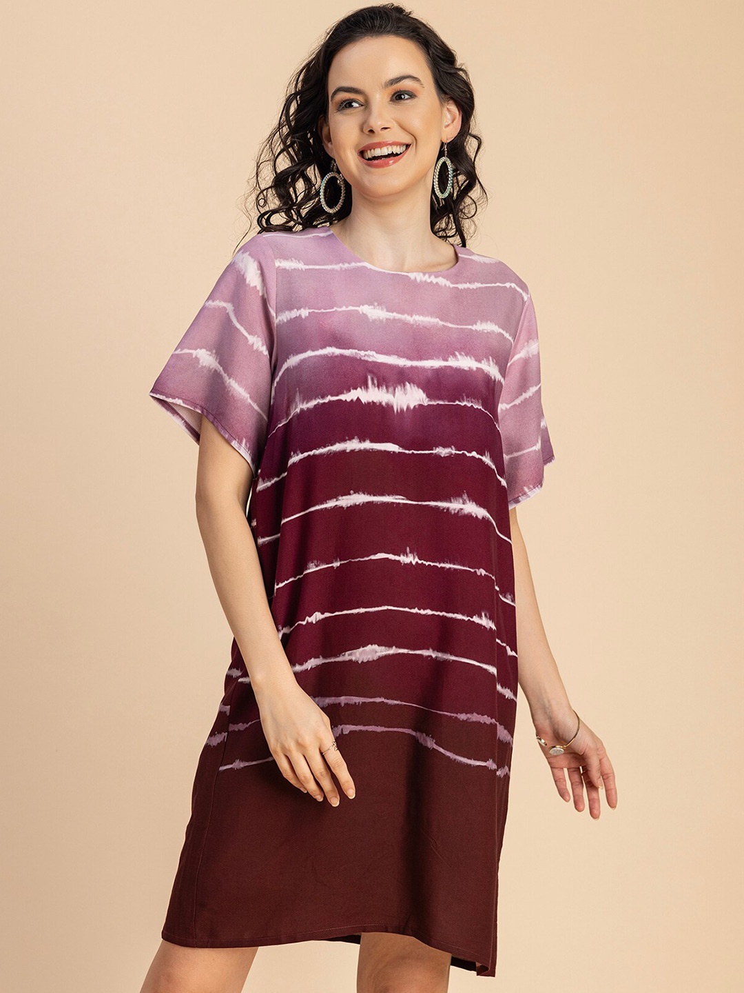 

Moomaya Short Sleeves Round neck Straight Dress, Burgundy