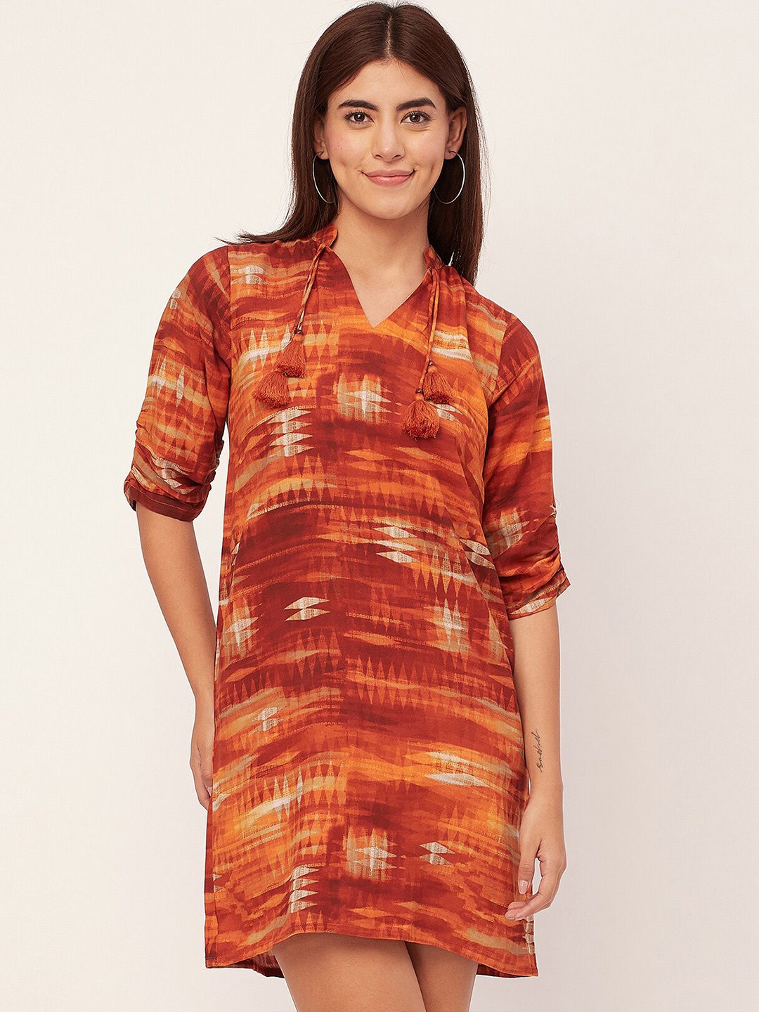 

Moomaya V-Neck Short Sleeves Printed Straight A-Line Dress, Brown