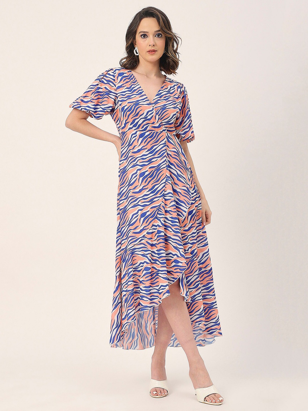 

Moomaya Print Flared Sleeve V-Neck Midi Dress, Blue