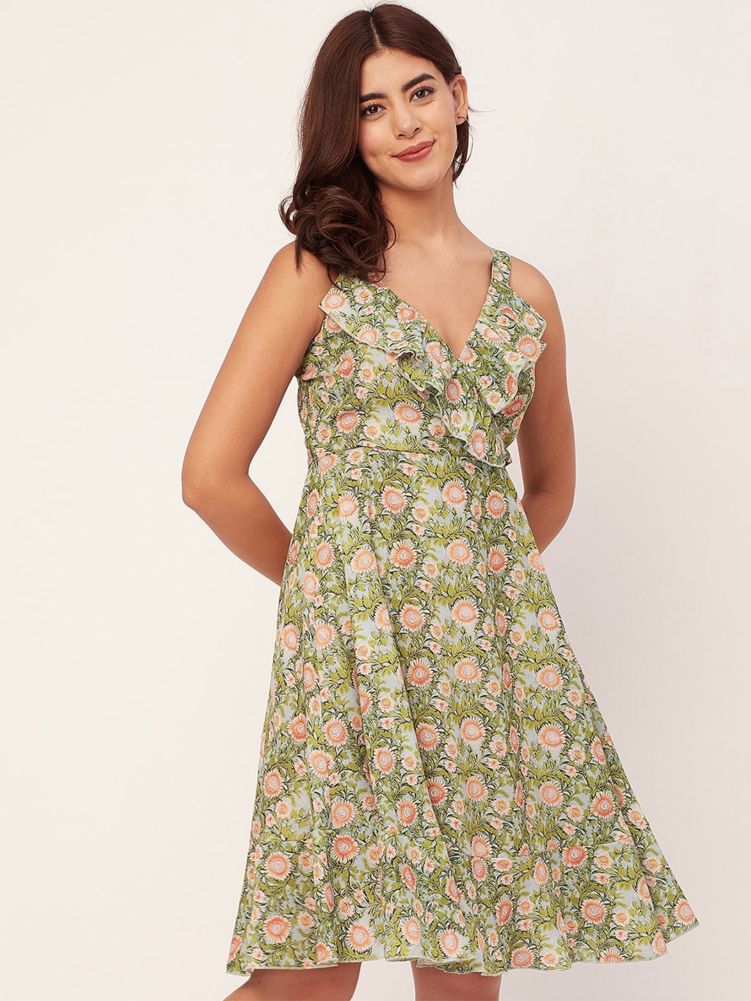 

Moomaya V-neck Shoulder Straps Floral Print Fit & Flare Dress, Green