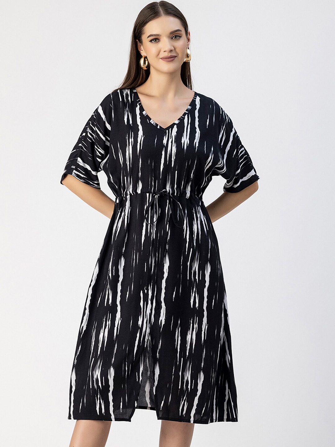 

Moomaya V Neck Print A-Line Midi Dress, Black