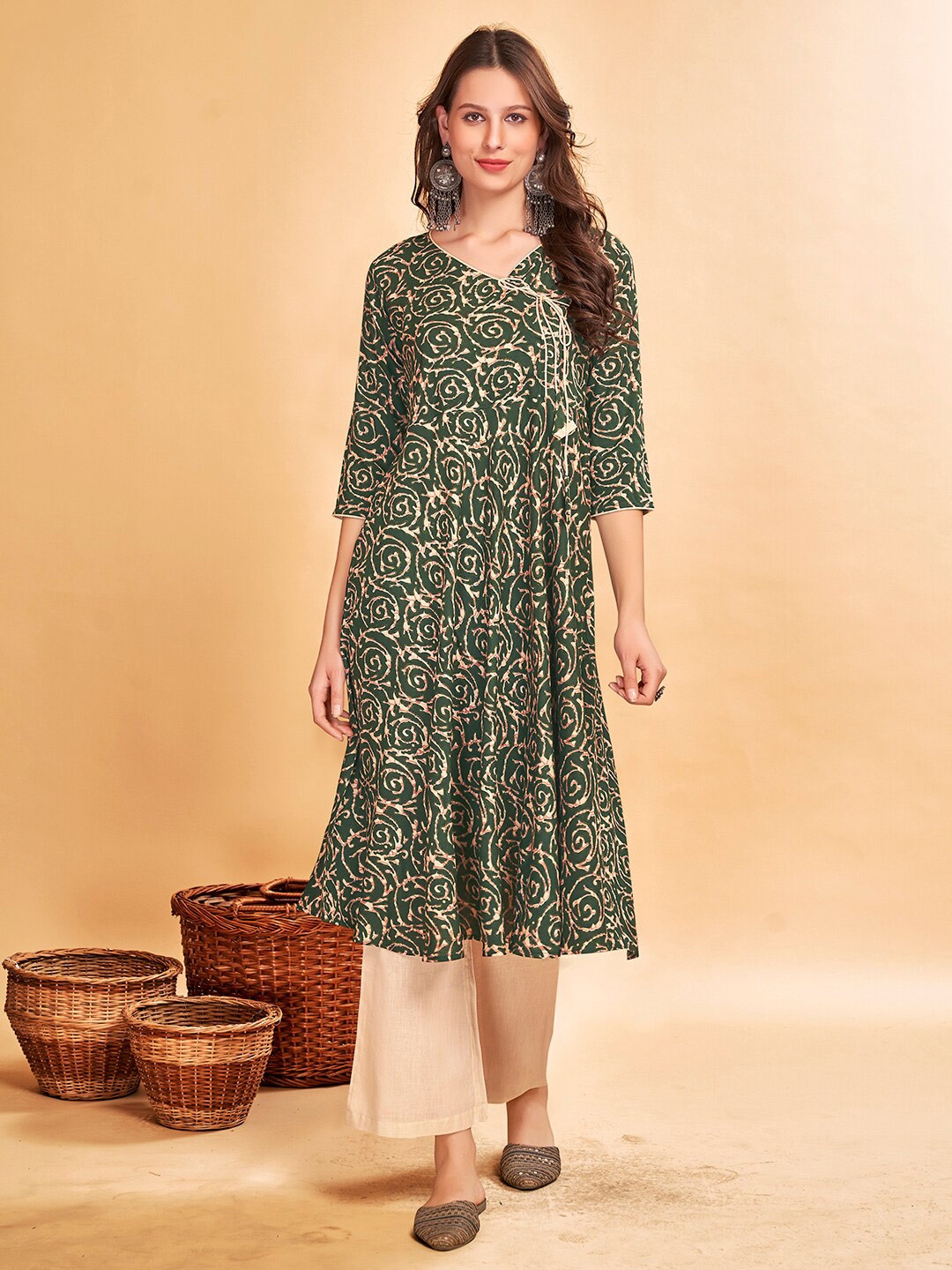 

Anouk Women Green Printed Angrakha Kurta with Palazzos