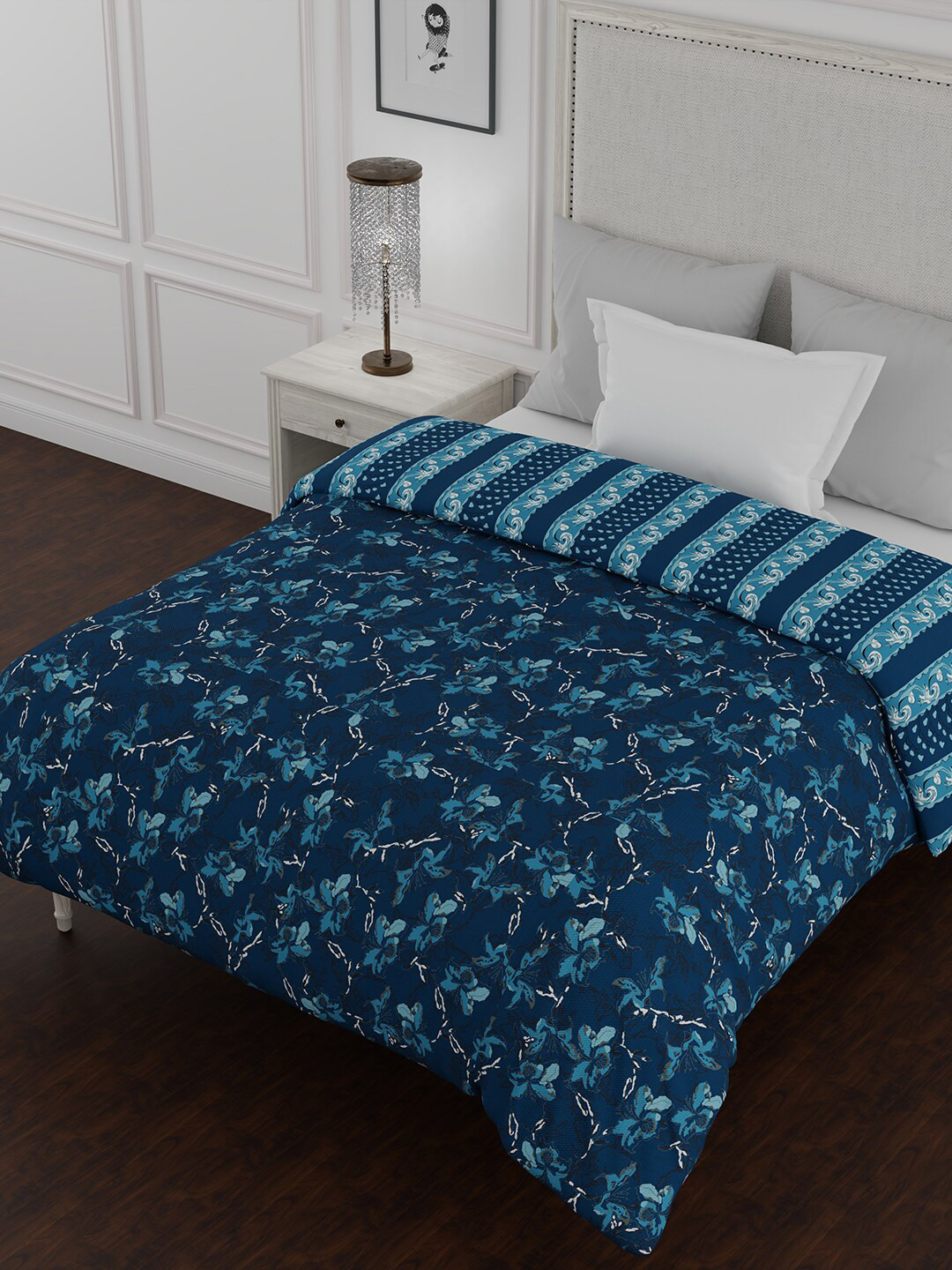 

BELLA CASA Navy Blue & White Ethnic Motifs AC Room 150 GSM Cotton Single Bed Quilt
