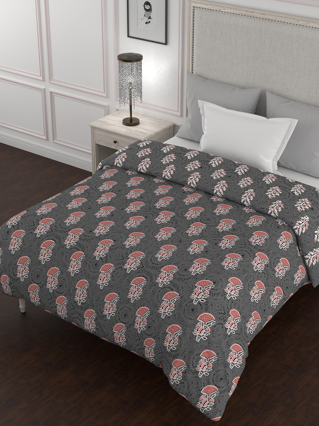 

BELLA CASA Grey & White Ethnic Motifs AC Room 150 GSM Cotton Single Bed Quilt
