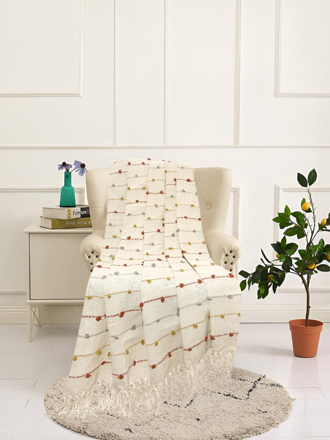 

SAJAVAT Beige & Red Self Design Cotton Throws